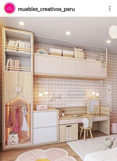 a child's room with pink and white decor, including a bed, desk, chair, bookshelf and toys