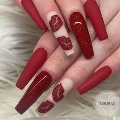 Nail Art Designs 2023, Nail Art For Girls, Valentines Nail Art Designs, Long Red Nails, Valentines Day Nails, Nail Designs Tutorial