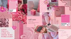 pink collage with flowers, candles and other items