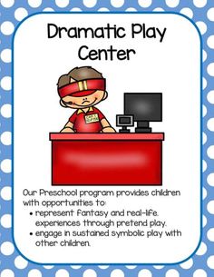 a blue and white polka dot background with the words dramatic play center in front of it