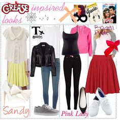 some different types of clothes and shoes on a white board with pink lady's