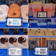 there are many different types of donuts on display at this party, including doughnuts and other treats