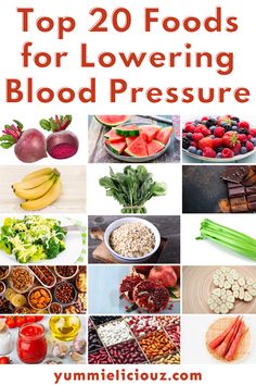 the top 20 foods for lowering blood pressure, including fruits and vegetables with text overlay