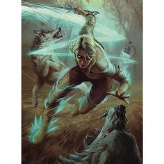 a painting of a woman on a horse chasing a wolf