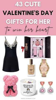 43 cute Valentine's Day gifts for her to win her heart featuring black silk dress with lace from La Perla, Victoria's Secret Bombshell gift set, body shimmer oil, rose gold Michael Kors watch, pink rose bear, cute scented candle with text when penguins find their mate they stay together forever, you're my penguin, beautiful pink crystal Swarovski earrings and more gift ideas for girlfriend or wife in the blogpost on mindfulnessinspo.com Cute Valentines Day Gifts For Girlfriend, Surprise Gift For Wife, Valentines Gift For Girlfriend, Valentine's Day Gifts For Her, Tv Wall Decor Ideas, Presents For Girlfriend, Valentines Gift Bags, Best Valentine Gift