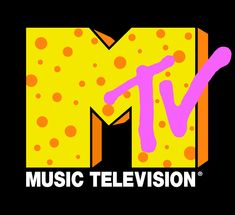 the logo for music television, which is yellow and pink with orange dots on it