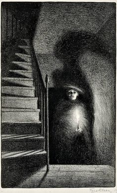 a black and white drawing of stairs leading to a person's face in the dark