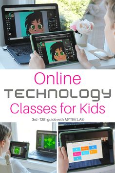 two children are playing on their laptops with the text online technology classes for kids