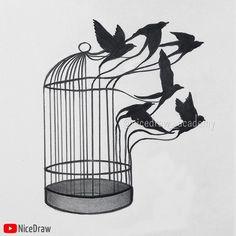 a drawing of birds flying out of a birdcage