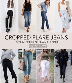 cropped flare jeans on other body types Crop Flare Jeans Outfit Spring, Cropped Bootcut Jeans Outfit Winter, Cropped Flair Jeans Outfit Winter, Black Kick Flare Jeans Outfit, Crop Flair Jeans Outfit, Cropped Flare Jeans Outfit Ankle Boots, Crop Kick Flare Jeans Outfit, Wide Leg Cropped Black Jeans Outfit, Crop Jeans Outfit Winter