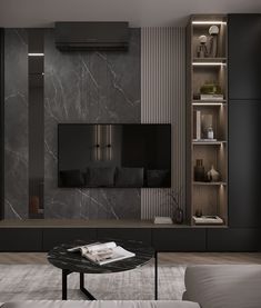 a modern living room with black and white walls, marble furniture and built - in shelving