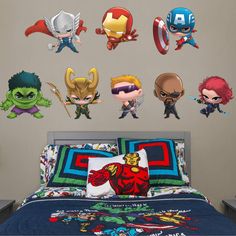 the avengers wall decals are on display in this bedroom