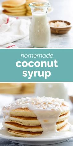 homemade coconut syrup is drizzled with icing on top of some pancakes