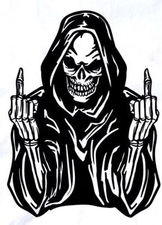 a black and white drawing of a skeleton wearing a hoodie holding two fingers up