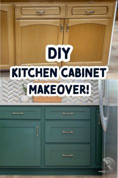 kitchen cabinets with the words diy kitchen cabinet makeover over them and below it