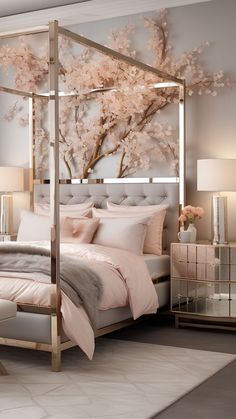 a bedroom with a four poster bed, mirrored nightstands and flowers on the wall