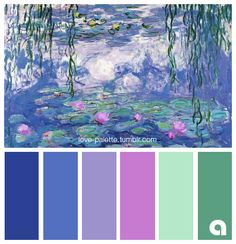 the color scheme for water lilies is blue, green and purple with white clouds