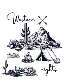 the western nights poster is shown with cactus, cacti and a tent in the background