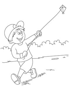 a black and white drawing of a boy running with a kite in the sky behind him