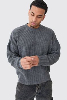 Boxy Crew Neck Ribbed Knitted Jumper | boohooMAN USA Jumper Designs, Plus Size Joggers, Gym Jacket, Suits Prom, Going Out Shirts, Pull Oversize, Party Mode, Mens Cardigan Sweater, Block Colour