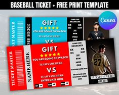 three baseball ticket templates with the same image on each one, and two different colors