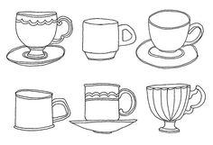 coffee cups and saucers are lined up on a white background with the words,