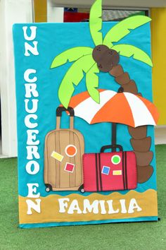 a sign with luggage and a palm tree on it that says u n c o r e