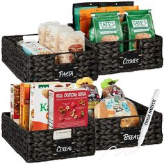 three black baskets with food and snacks in them