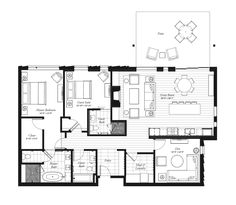 the floor plan for an apartment with two bedroom, one bathroom and another living room