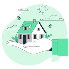 a hand holding a small house in front of a green circle with birds flying around