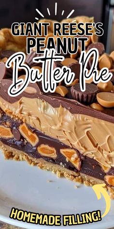 a piece of peanut butter pie on a plate with the words, giant reese's peanut butter pie