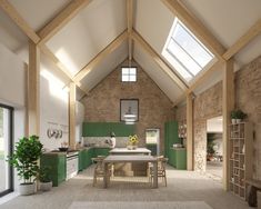 an open kitchen and dining area in a house with green cabinets, white counter tops and wooden beams