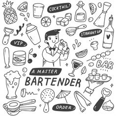 bartenders hand drawn doodles set with drinks and other items on white background stock photo