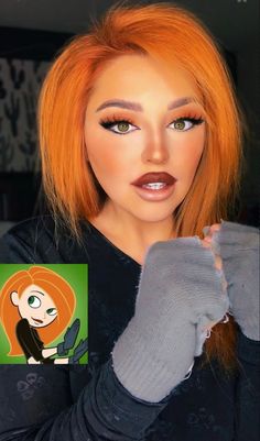 Copper Hair Costume Ideas Halloween, Kim Possible Hairstyle, Halloween Costumes For Ginger Hair, Kim Possible Make Up, Copper Hair Halloween Costume, Kim Possible Makeup Look, Redhead Halloween, Kim Possible Costume, Red Hair Costume