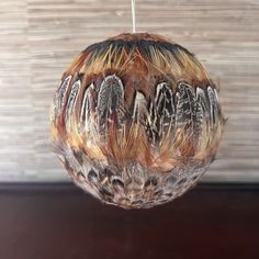 an ornament hanging from a string with feathers on it