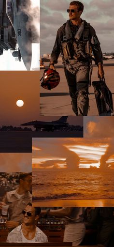 a collage of photos with an airplane in the background