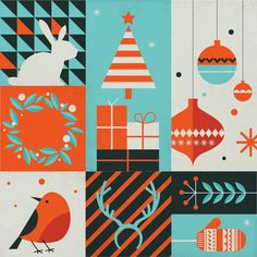 an image of christmas decorations and ornaments on a blue, green, red and white background