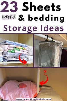 there are three pictures that show how to organize and store bedding in this small space