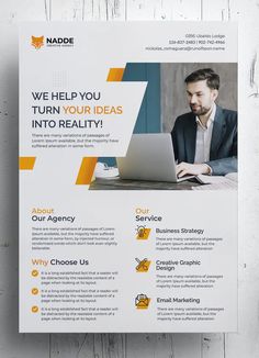 a flyer for a business meeting with an image of a man working on a laptop