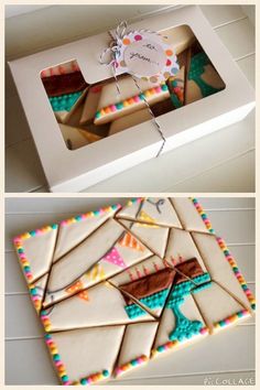 two pictures of decorated cookies in a box