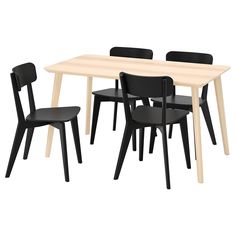 a table and four chairs are shown with black seats on the top one is made out of wood