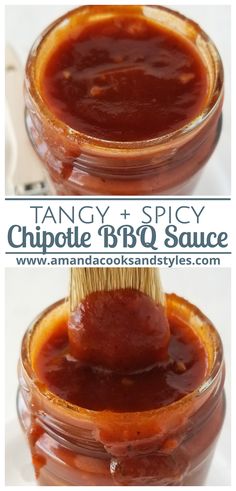 two images showing how to make chipotle bbq sauce in a glass jar