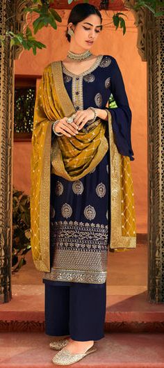 Blue color Salwar Kameez in Art Silk fabric with Embroidered, Stone, Zari work Latest Salwar Kameez Designs, Celana Fashion, Bridal Lehenga Designs, Sequence Embroidery, Anarkali Salwar, Latest Salwar Kameez, Embroidery Suit, Palazzo Suit, Salwar Kameez Online