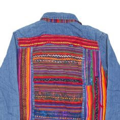 Item is in good used condition. Label says size 2. >Size: M >Armpit To Armpit: 20" >Armpit To Cuff: 19" >Collar To Hem: 22" Hippie Blue Denim Jacket, Casual Blue Denim Jacket For Festival, Blue Cotton Hippie Denim Jacket, Vintage Blue Denim Jacket For Festival, Multicolor Long Sleeve Denim Jacket For Festivals, Blue Long Sleeve Denim Jacket For Festival, Style Denim Jacket, Denim Fashion, Boho Style