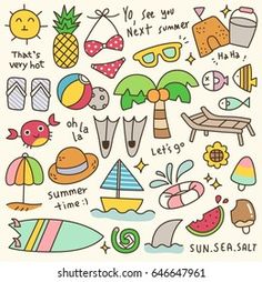 various summer and beach related items in hand drawn doodle style, on white background