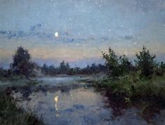 an oil painting of the night sky over a river with trees and grass in it