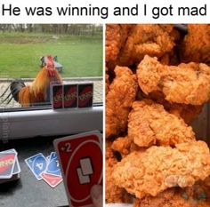 the chicken is looking at himself in the mirror and then he was winning and i got mad