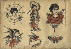 an old book with tattoos on it and pictures of women holding umbrellas, roses, and butterflies