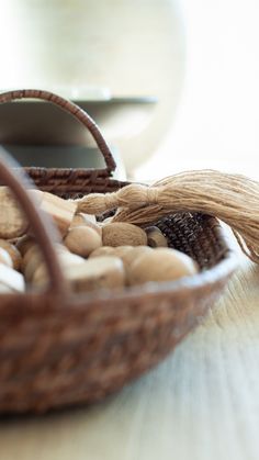 a basket filled with nuts sitting on top of a table