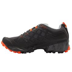 the men's shoe is black and orange